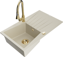 Mexen Cesar žulový drez, 1-komorový s odkvapkávačom a kuchynskou batériou Elia, béžový - 6514-69-670101-50