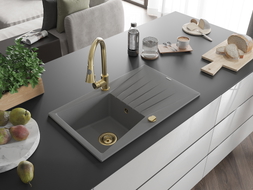 Mexen Cesar žulový kuchynský drez s jednou komorou a odkvapkávačom a kuchynskou batériou Elia, sivý - 6514-71-670101-50