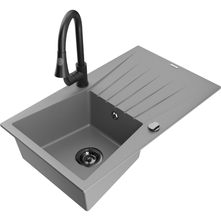 Mexen Cesar Granitový drez 1-komorový s odkvapkávačom a kuchynskou batériou Elia, šedá - 6514-71-670101-70-B