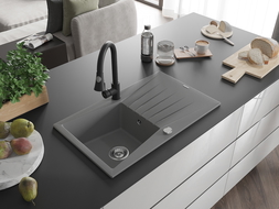 Mexen Cesar jednokomorový žulový drez s odkvapkávacou plochou a kuchynskou batériou Elia, sivý - 6514-71-670101-70