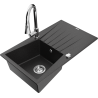 Mexen Cesar granitový drez s 1 komorou s odkvapkávačom a kuchynskou batériou Elia, čierny/strieborný metalik