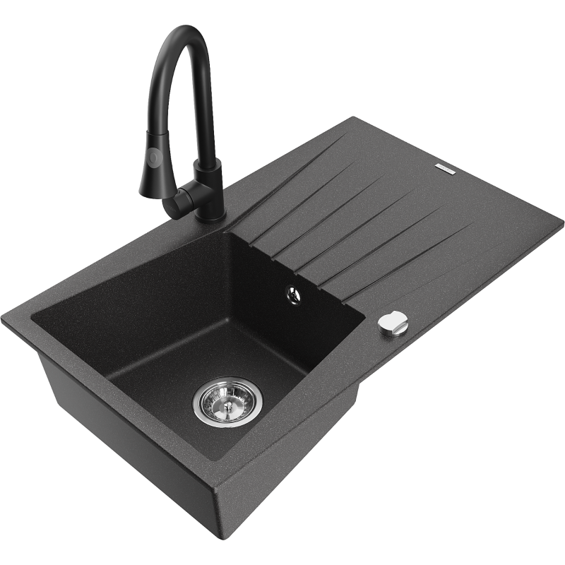 Mexen Cesar granitový drez s 1 komorou s odkvapkávacou plochou a kuchynskou batériou Elia, čierny škvrnitý