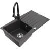 Mexen Cesar granitový drez s 1 komorou s odkvapkávacou plochou a kuchynskou batériou Elia, čierny škvrnitý