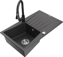 Mexen Cesar granitový drez s 1 komorou s odkvapkávacou plochou a kuchynskou batériou Elia, čierny škvrnitý