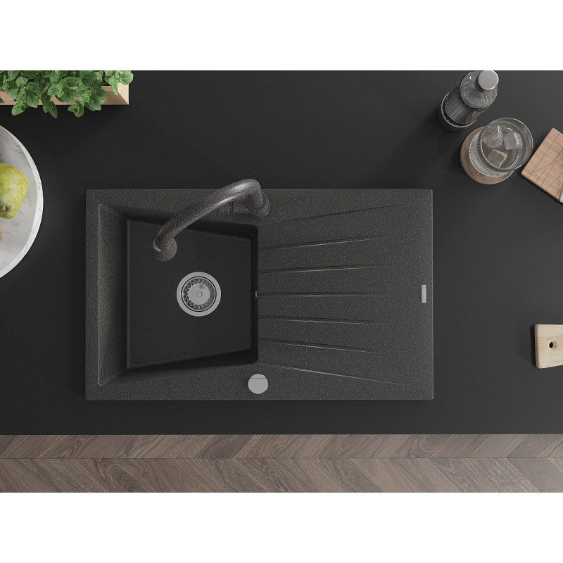 Mexen Cesar granitový drez 1-komorový s odkvapkávačom a kuchynskou batériou Elia, čierny škvrnitý - 6514-76-670101-76