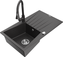 Mexen Cesar granitový drez 1-komorový s odkvapkávačom a kuchynskou batériou Elia, čierny škvrnitý - 6514-76-670101-76