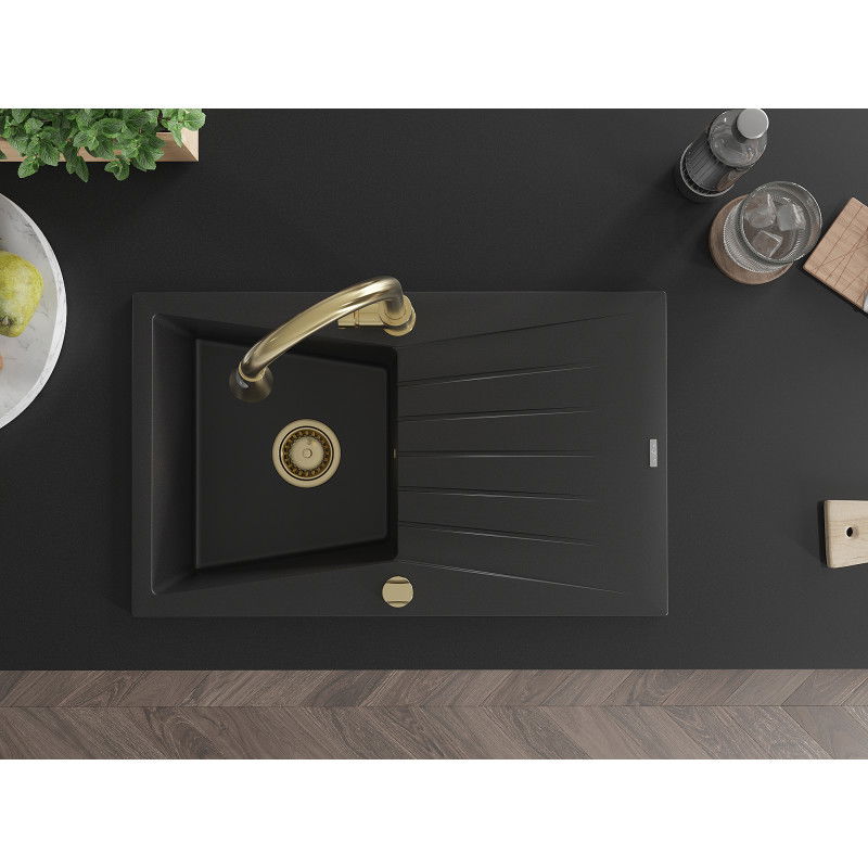 Mexen Cesar 1-komorový granitový drez s odkvapkávačom a kuchynskou batériou Elia, čierny - 6514-77-670101-50