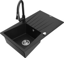 Mexen Cesar jednodrezový granitový drez s odkvapkávačom a kuchynskou batériou Elia, čierny - 6514-77-670101-70