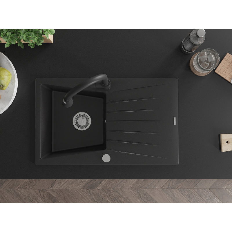 Mexen Cesar jednodrezový granitový drez s odkvapkávačom a kuchynskou batériou Elia, čierny - 6514-77-670101-70