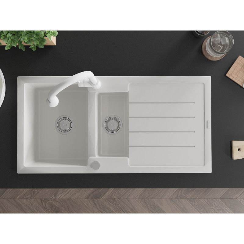 Mexen Andres granitový kuchynský drez 1,5-komorový s odkvapkávačom a kuchynskou batériou Elia, biela - 6515-20-670101-20