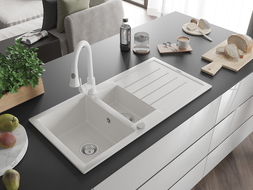 Mexen Andres granitový kuchynský drez 1,5-komorový s odkvapkávačom a kuchynskou batériou Elia, biela - 6515-20-670101-20