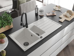 Mexen Andres granitový drez 1,5-komorový s odkvapkávačom a kuchynskou batériou Elia, biely - 6515-20-670101-70