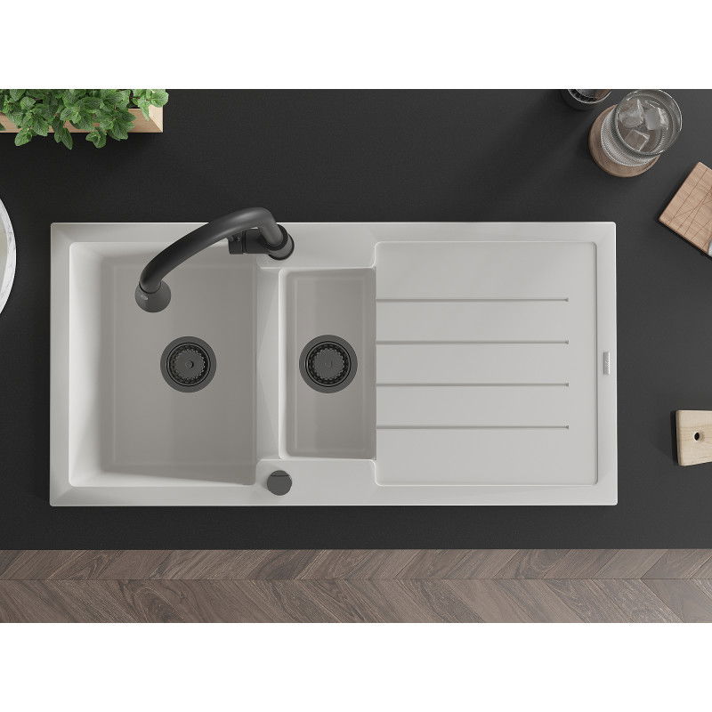 Mexen Andres granitový drez 1,5-komorový s odkvapom a kuchynskou batériou Elia, biely - 6515-20-670101-70