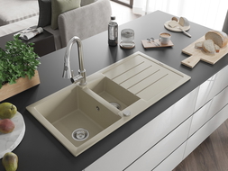 Mexen Andres granitový kuchynský drez 1,5-komorový s odkvapkávačom a kuchynskou batériou Elia, béžová - 6515-69-670101-00