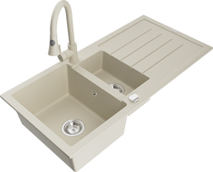 Mexen Andres granitový drez 1,5-komorový s odkvapkávacou plochou a kuchynskou batériou Elia, béžový - 6515-69-670101-69