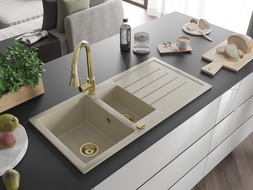 Mexen Andres kuchynský drez granitový 1,5-komorový s odkvapkávačom a kuchynskou batériou Elia, béžový - 6515-69-670101-50