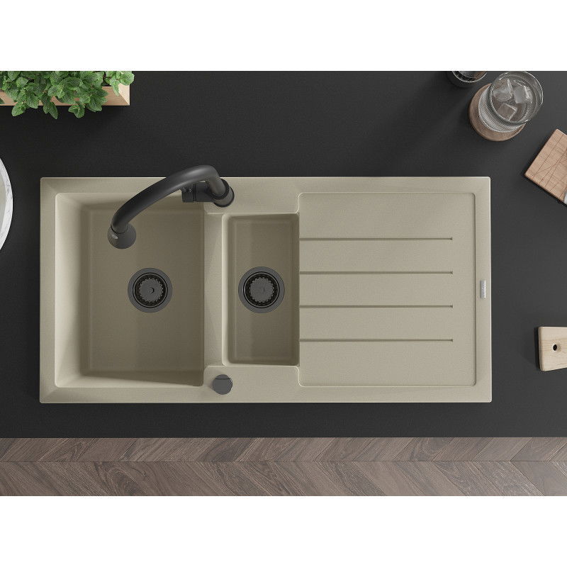 Mexen Andres žulový drez 1,5-komorový s odkvapkávačom a kuchynskou batériou Elia, béžový - 6515-69-670101-70