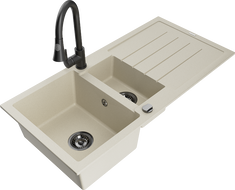 Mexen Andres žulový drez 1,5-komorový s odkvapkávačom a kuchynskou batériou Elia, béžový - 6515-69-670101-70