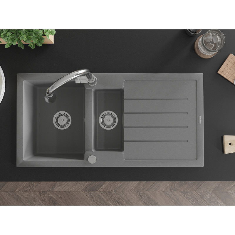 Mexen Andres granitový drez 1,5-komorový s odkvapkávačom a kuchynskou batériou Elia, sivý - 6515-71-670101-00