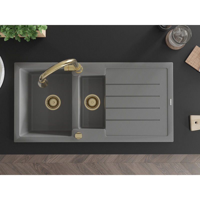Mexen Andres žulový drez 1,5-komorový s odkvapkávačom a kuchynskou batériou Elia, sivý - 6515-71-670101-50
