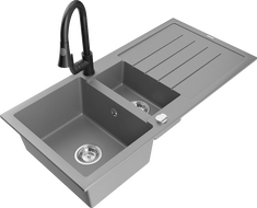 Mexen Andres kamenný drez 1,5-komorový s odkvapkávačom a kuchynskou batériou Elia, sivý - 6515-71-670101-70