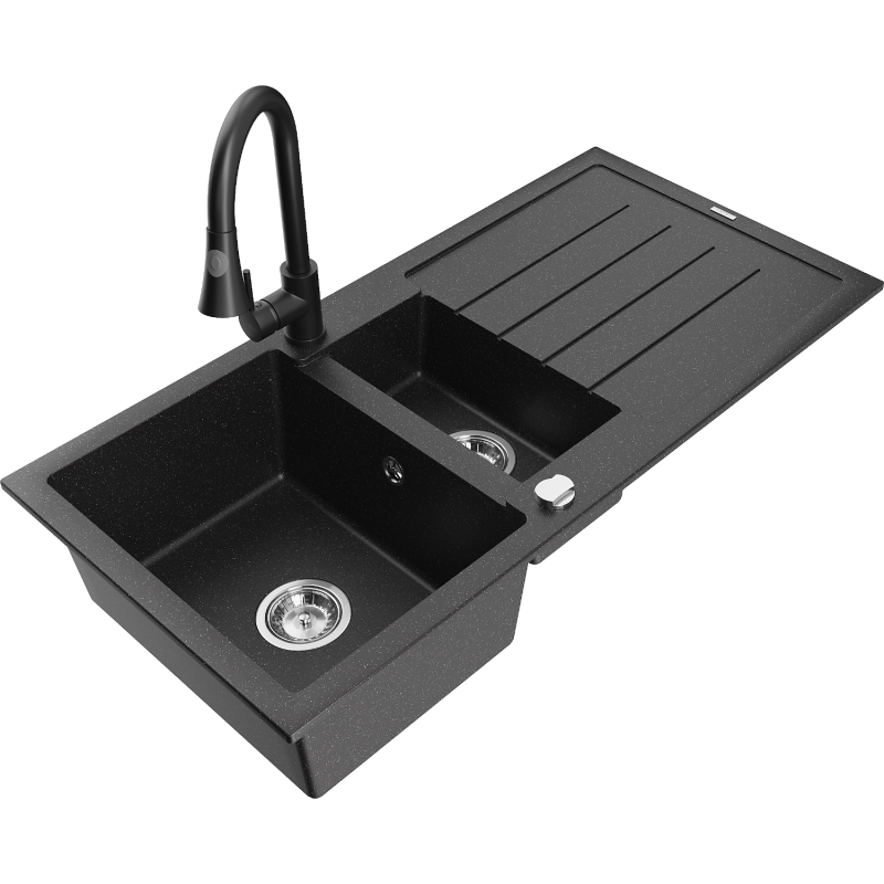 Mexen Andres granitový drez s 1,5 komorami s odkvapkávacou plochou a kuchynskou batériou Elia, čierny/strieborný metalický