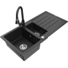 Mexen Andres granitový drez s 1,5 komorami s odkvapkávacou plochou a kuchynskou batériou Elia, čierny/strieborný metalický