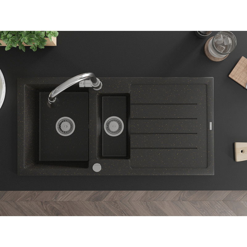 Mexen Andres žulový drez 1,5-komorový s odkvapkávačom a kuchynskou batériou Elia, čierny/zlatý metalik - 6515-75-670101-00