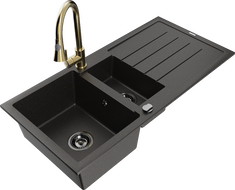 Mexen Andres žulový drez 1,5-komorový s odkvapkávačom a kuchynská batéria Elia, čierny/zlatý metalik - 6515-75-670101-50-B