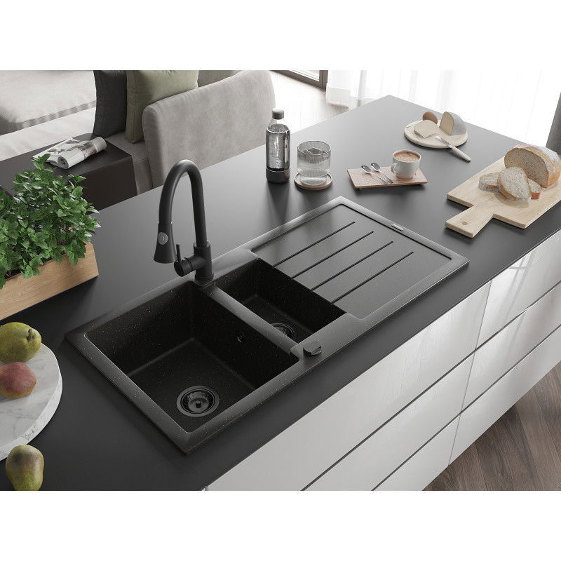 Mexen Andres žulový drez 1,5-komorový s odkvapkávačom a kuchynskou batériou Elia, čierny/zlatý metalik - 6515-75-670101-70-B