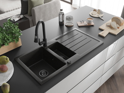 Mexen Andres žulový drez 1,5-komorový s odkvapkávačom a kuchynskou batériou Elia, čierny/zlatý metalik - 6515-75-670101-70-B