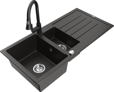 Mexen Andres žulový drez 1,5-komorový s odkvapkávačom a kuchynskou batériou Elia, čierny/zlatý metalický - 6515-75-670101-70