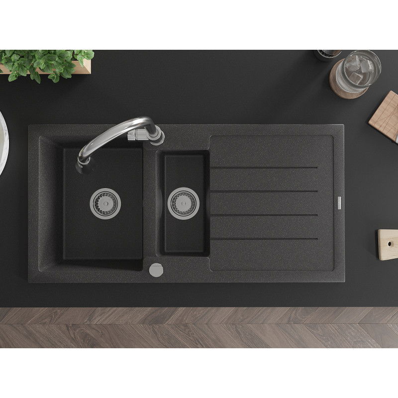 Mexen Andres granitový drez 1,5-komorový s odkvapkávačom a kuchynskou batériou Elia, čierny strakatý - 6515-76-670101-00