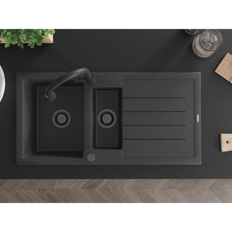 Mexen Andres žulový drez 1,5-komorový s odkvapkávačom a kuchynskou batériou Elia, čierny škvrnami - 6515-76-670101-70-B