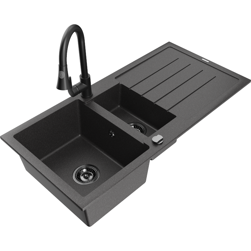 Mexen Andres žulový drez 1,5-komorový s odkvapkávačom a kuchynskou batériou Elia, čierny škvrnami - 6515-76-670101-70-B