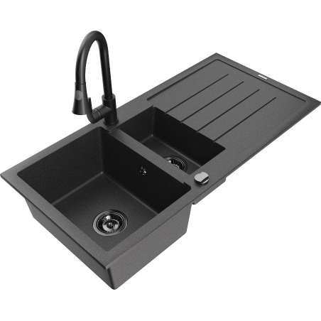 Mexen Andres žulový drez 1,5-komorový s odkvapkávačom a kuchynskou batériou Elia, čierny škvrnami - 6515-76-670101-70-B