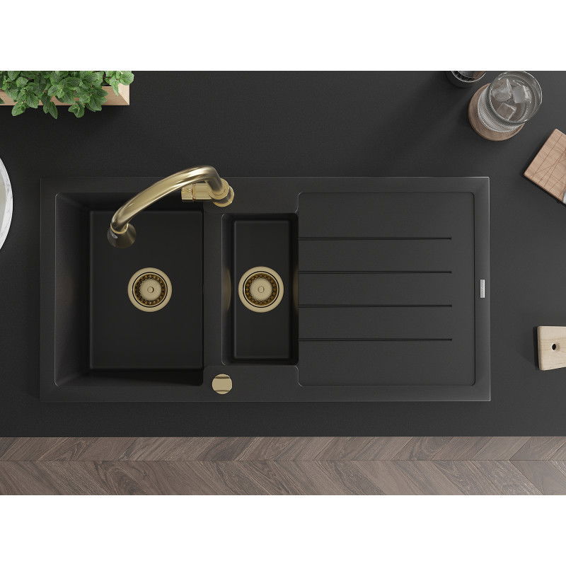 Mexen Andres žulový drez 1,5-komorový s odkvapkávačom a kuchynskou batériou Elia, čierny - 6515-77-670101-50