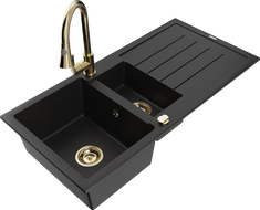 Mexen Andres žulový drez 1,5-komorový s odkvapkávačom a kuchynskou batériou Elia, čierny - 6515-77-670101-50