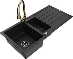 Mexen Andres žulový drez 1,5-komorový s odkvapkávačom a kuchynskou batériou Elia, čierny - 6515-77-670101-50-B