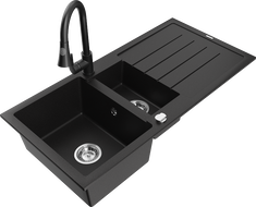 Mexen Andres granitový drez 1,5-komorový s odkvapom a kuchynskou batériou Elia, čierny - 6515-77-670101-70