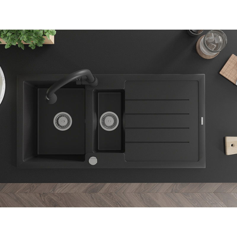 Mexen Andres granitový drez 1,5-komorový s odkvapom a kuchynskou batériou Elia, čierny - 6515-77-670101-70