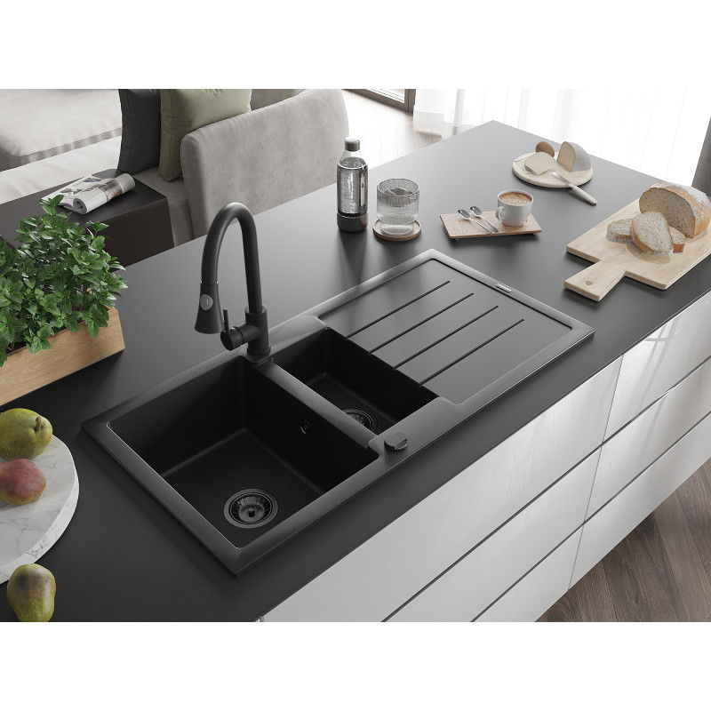 Mexen Andres granitový umývadlo 1,5-komorové s odkvapkávačom a kuchynskou batériou Elia, čierny - 6515-77-670101-70-B