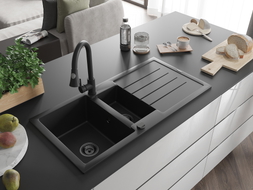 Mexen Andres granitový drez, 1,5-komorový s odkvapkávačom a kuchynskou batériou Elia, čierny - 6515-77-670101-70-B