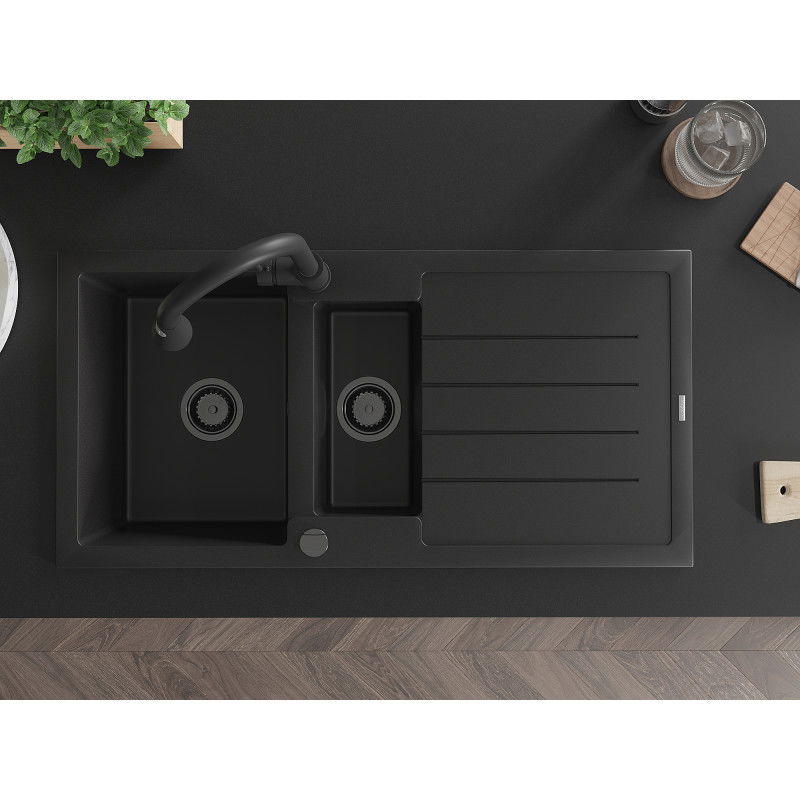 Mexen Andres granitový umývadlo 1,5-komorové s odkvapkávačom a kuchynskou batériou Elia, čierny - 6515-77-670101-70-B