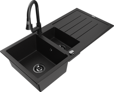 Mexen Andres granitový umývadlo 1,5-komorové s odkvapkávačom a kuchynskou batériou Elia, čierny - 6515-77-670101-70-B