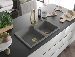 Mexen Tomas granitový drez 2-komorový s kuchynskou batériou Elia, sivý - 6516-71-670101-50
