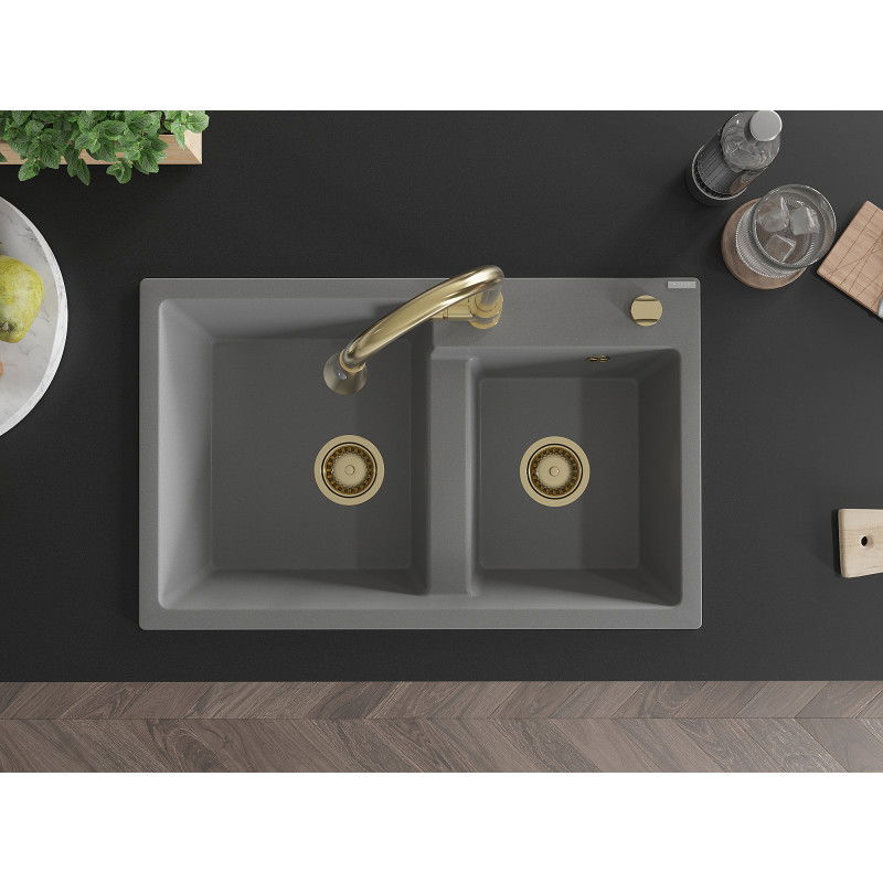 Mexen Tomas granitový drez 2-komorový s kuchynskou batériou Elia, sivý - 6516-71-670101-50