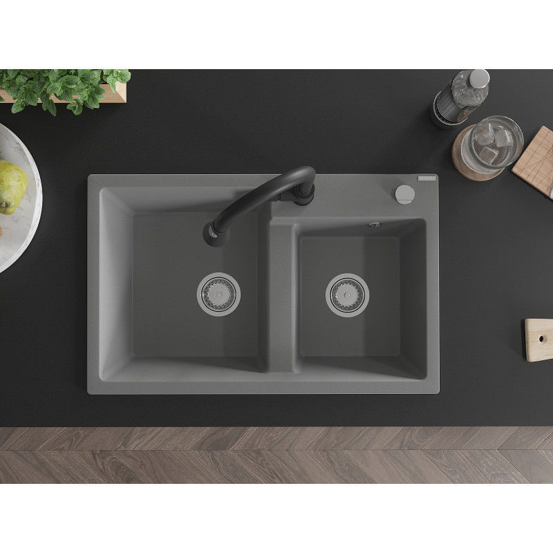 Mexen Tomas granitový drez 2-komorový s kuchynskou batériou Elia, sivý - 6516-71-670101-70