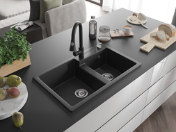 Mexen Tomas granitový drez 2-komorový s kuchynskou batériou Elia, čierny/strieborný metalik - 6516-73-670101-70