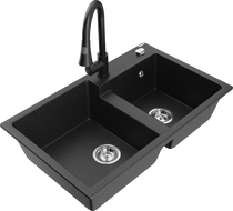 Mexen Tomas granitový drez 2-komorový s kuchynskou batériou Elia, čierny/strieborný metalik - 6516-73-670101-70